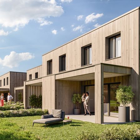 Illustration eines Holzhauses mit einer großen Familie davor.