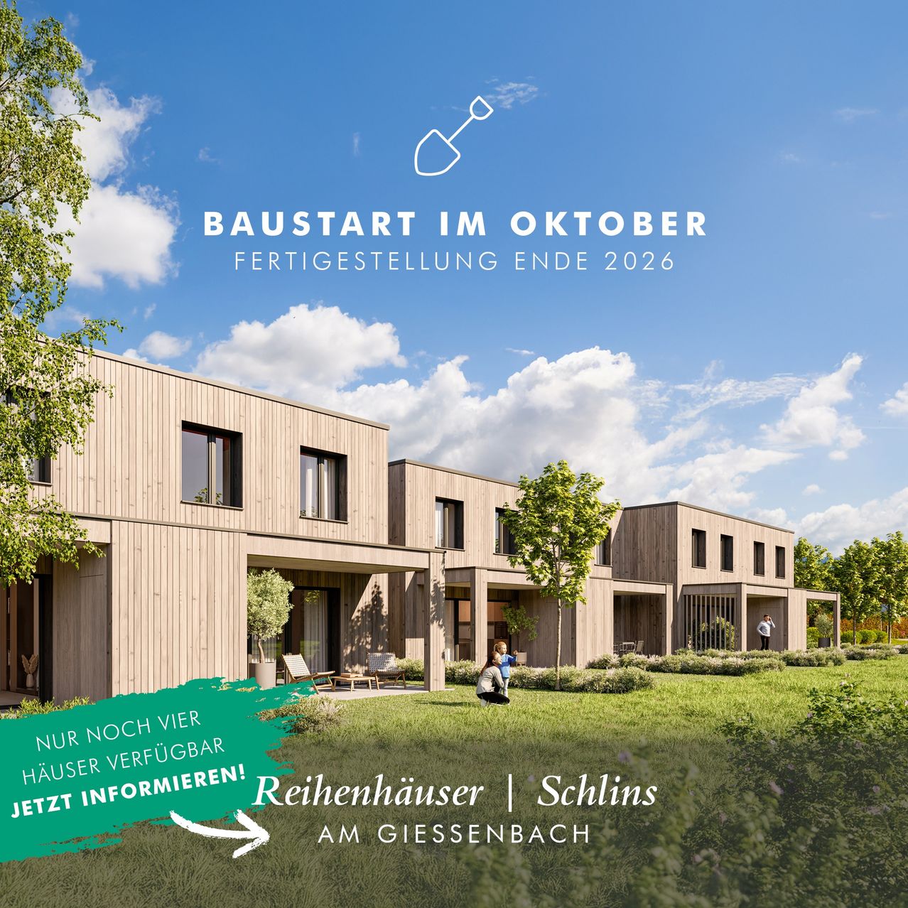 Eine Werbung für eine Wohnanlage in Schlings am Giessenbach. Das Bild zeigt eine Reihe moderner Häuser mit einigen noch verfügbaren. Die Anzeige hebt den Fertigstellungstermin des Projekts im Oktober 2026 hervor.
