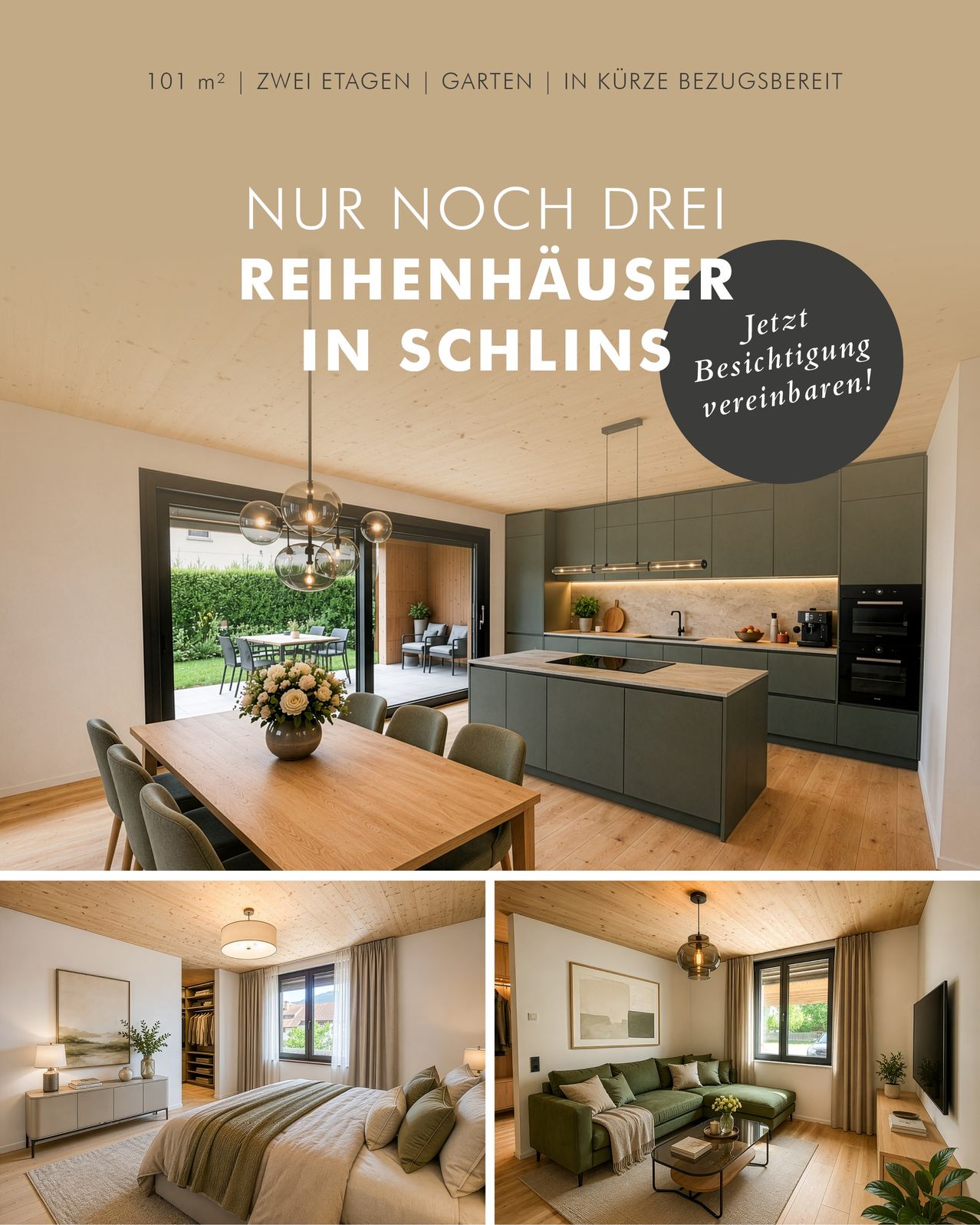 A collage of three images showcasing modern interior designs of a dining room, kitchen, and living room. The dining room features a wooden table with flowers, a kitchen with a modern design, and a living room with a green couch. The text at the top reads 'Nur Noch Drei Reihenhäuser in Schins'.