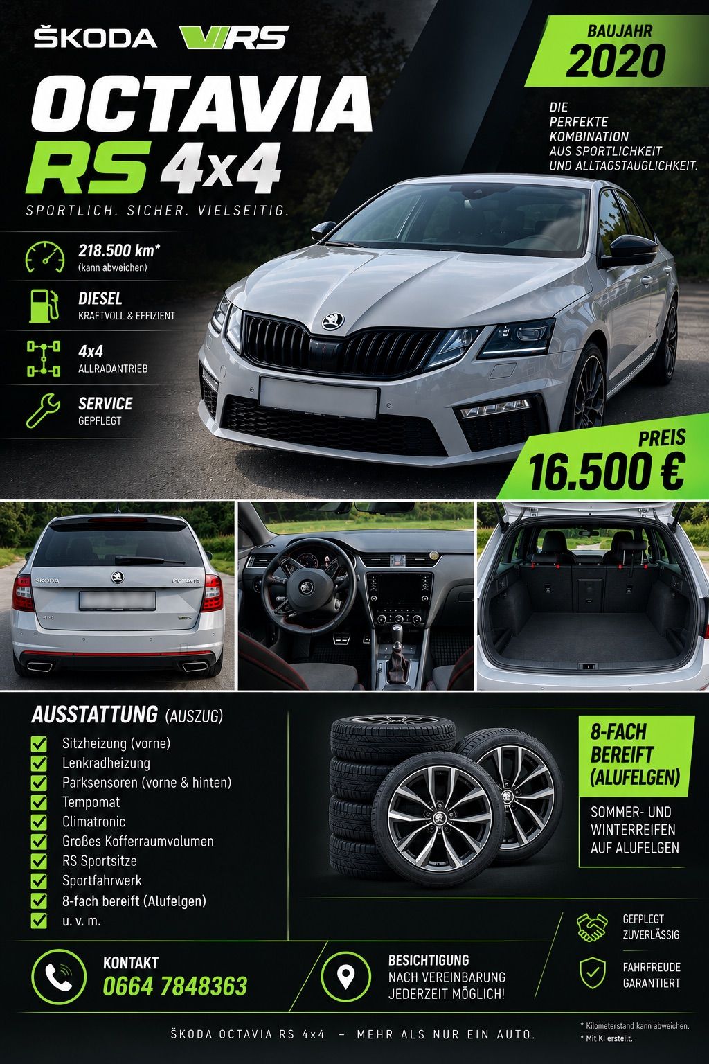 A gray Skoda car with various features and specifications is displayed. It includes a mileage of 218,500 km, diesel engine, 4x4 all-wheel drive, and service package. The price is 16,500 euros. Additional features include seat heating, steering wheel heating, parking sensors, a sunroof, a climate control system, large summer and winter tires, and sports seats.