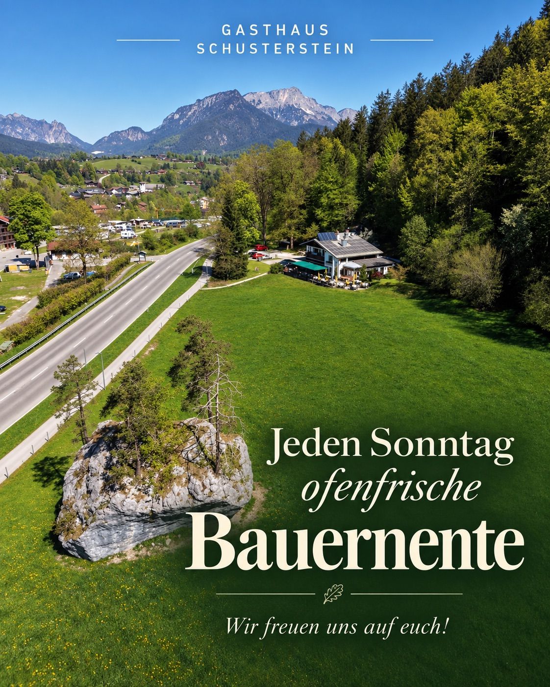Aerial view of a serene countryside with a house, mountains in the background, and a road leading through a lush green field. The text 'Jeder Sonntag offene Bauerntorte' is displayed prominently.