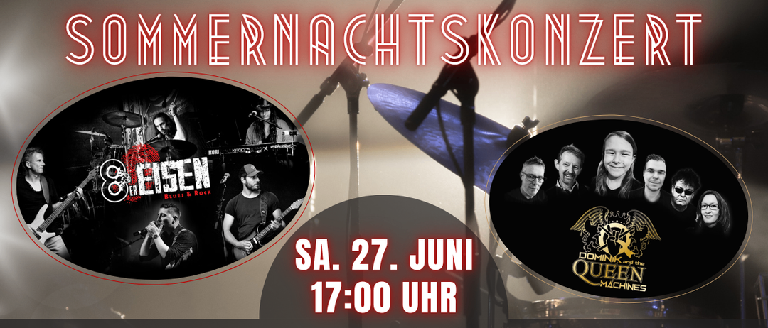 Eine Werbung für die Sommernachtsshow mit einer Band, die Gitarre, Klavier und Schlagzeug spielt. Das Datum und die Uhrzeit sind Samstag, 27. Juni, um 17 Uhr.
