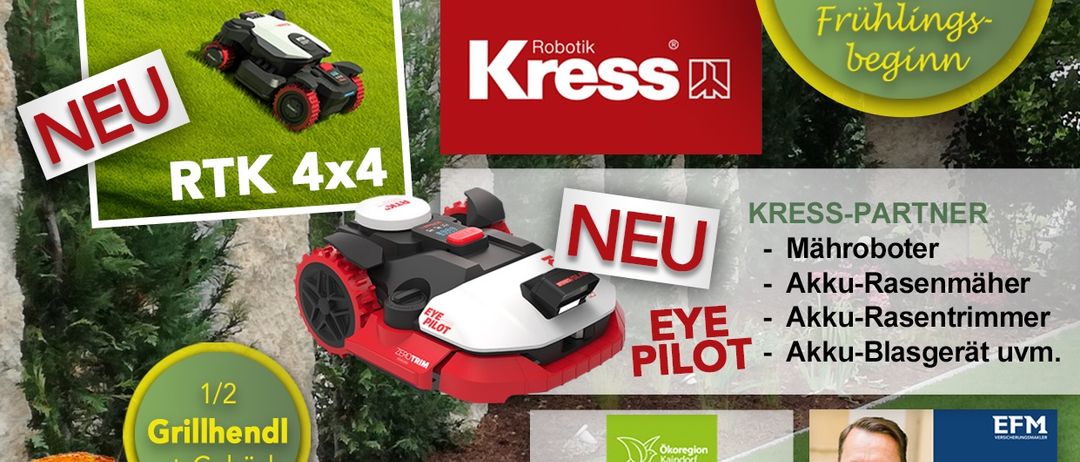 Werbeposter für den Gartencenter Maierhold mit einem neuen Rasenmähroboter mit 4x4-Rädern, Aktionspreisen für den Frühling und einem halbgegrillten Huhn. Es enthält Kontaktdaten und einen Aufruf zu offenen Gartentagen.