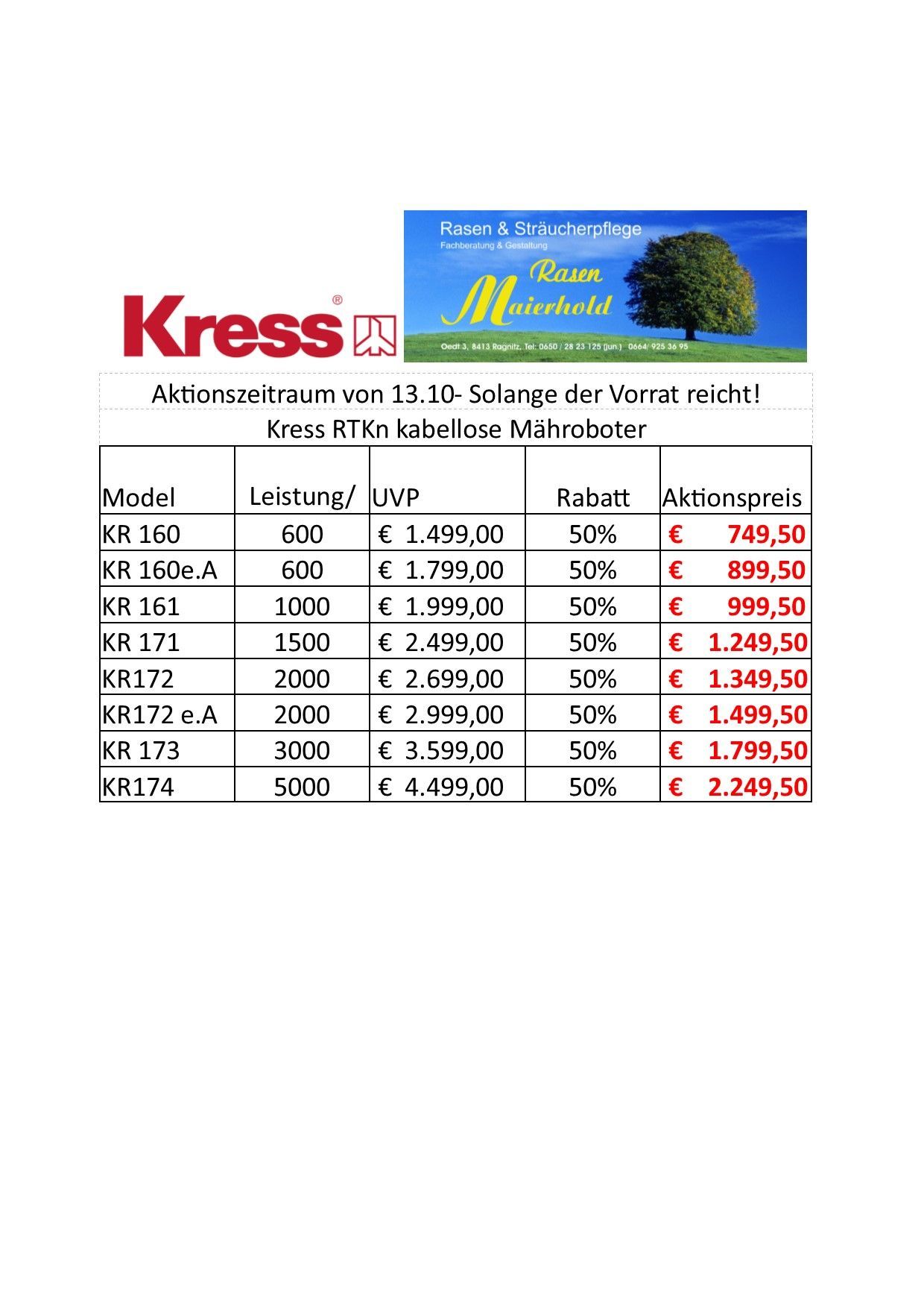 Werbung für Kress Mähroboter ab 13.10. Angebote solange der Vorrat reicht! Eine Tabelle listet verschiedene Modelle, ihre Leistung, Preise, Rabatte und Aktionspreise auf.