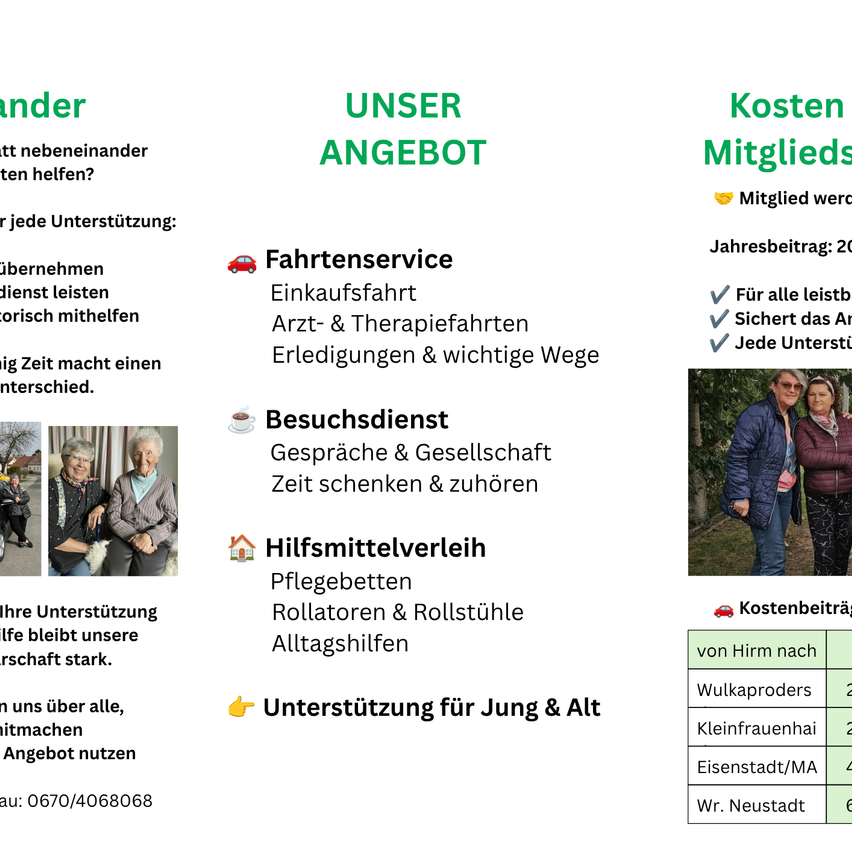 Ein Bild, das verschiedene von einem Unternehmen angebotene Dienstleistungen zeigt, einschließlich Transport, Einkaufshilfe, Arzt- und Therapiefahrten und Gesellschaft. Das Bild enthält auch eine Tabelle mit Kostendetails.