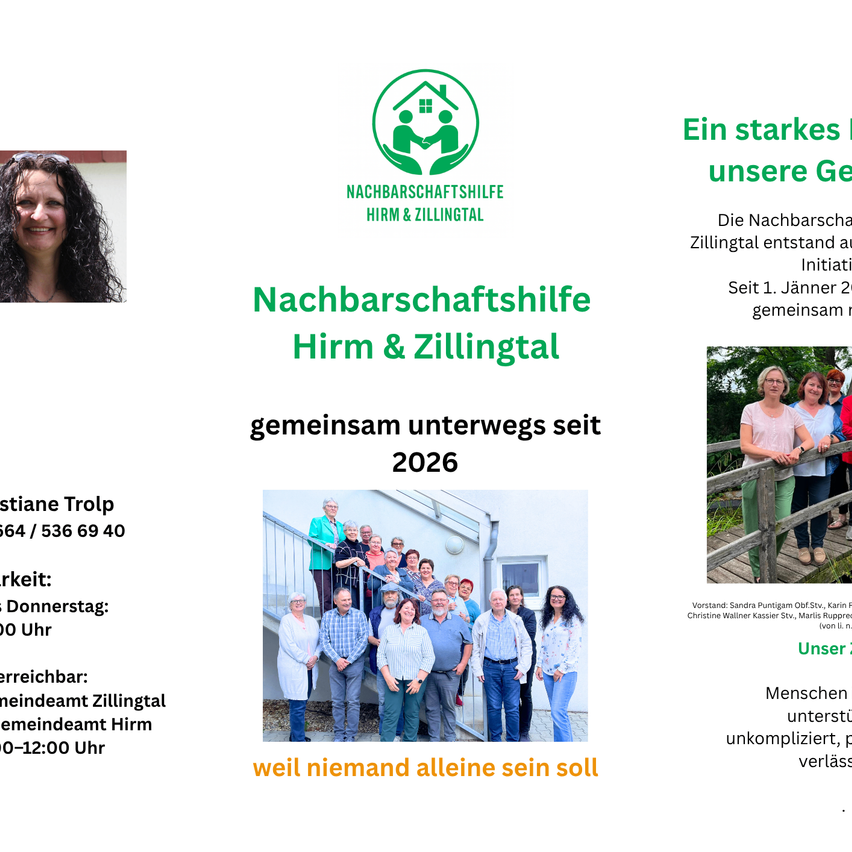Eine lächelnde Frau steht vor einem Logo für Nachbarschaftshilfe Hirm & Zillingtal, gegründet am 1. Januar 2026. Ein Gruppenfoto von Menschen vor einem Haus wird angezeigt.