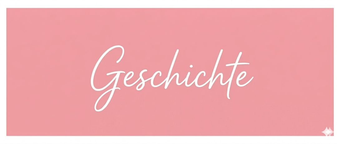 Das Wort 'Geschichte' wird in einer weißen, kursiven Schrift auf einem rosa Hintergrund angezeigt. Die Schrift ist groß und stilisiert.