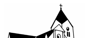 Eine einfache Schwarz-Weiß-Illustration einer Kirche mit Turm und Kreuz, mit bogenförmigen Fenstern und einem Turm mit einer Uhr.