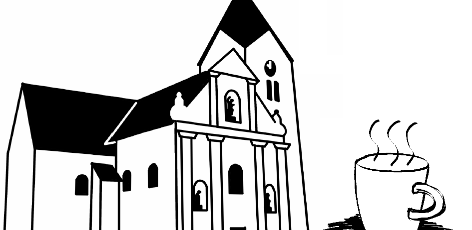 Eine Illustration einer Kirche mit einem Turm und einer Tasse mit dampfendem Kaffee daneben.