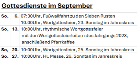 Eine Tabelle listet Gottesdienste im September auf, einschließlich einer Fußwallfahrt am 6., eines Wortgottesdienstes am 13. und einer HL. Messe am 27.