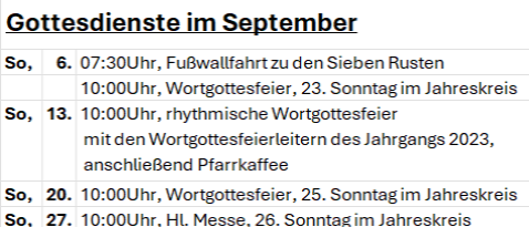 Eine Tabelle listet Gottesdienste im September auf, einschließlich einer Fußwallfahrt am 6., eines Wortgottesdienstes am 13. und einer HL. Messe am 27.