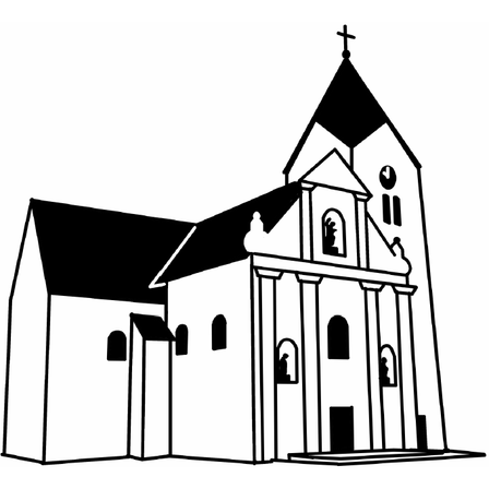 Eine Schwarz-Weiß-Zeichnung einer Kirche mit Turm, Kreuz und Bogenfenstern.