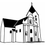 Pfarre Prottes-Logo. Eine Schwarz-Weiß-Zeichnung einer Kirche mit Turm, Kreuz und Bogenfenstern.