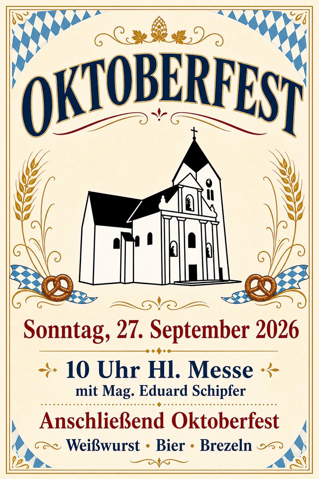 Plakat für das Oktoberfest-Event am 27. September 2026 mit einer Kirchenillustration, Brezeln und einem blau-weiß karierten Band.