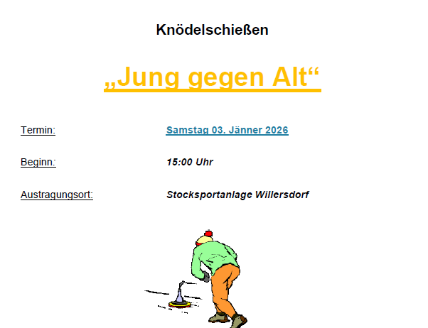 Eine Einladung zum Knotenwettbewerb 'Jung gegen Alt' findet am Samstag, 3. Januar 2026, um 15:00 Uhr in der Stocksportanlage Willersdorf statt. Die Teilnahme ist erwünscht.
