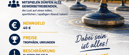 Ein Plakat für eine lustige Veranstaltung namens Turner am 12. Juni. Es enthält Details wie Eintrittsgebühr, Trophäen und Startzeit. Die Veranstaltung findet auf der Stocksportanlage in Willersdorf statt.