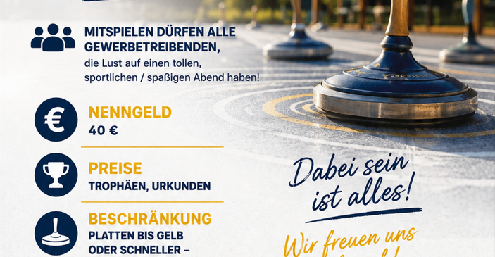 Ein Plakat für eine lustige Veranstaltung namens Turner am 12. Juni. Es enthält Details wie Eintrittsgebühr, Trophäen und Startzeit. Die Veranstaltung findet auf der Stocksportanlage in Willersdorf statt.