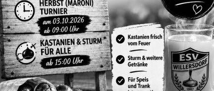 A black and white poster for Kastanien & Sturm event by ESV Willersdorf, featuring a logo, a clock, a candle, and roasted chestnuts. The event is scheduled for October 3, 2026, starting at 9:00 AM.