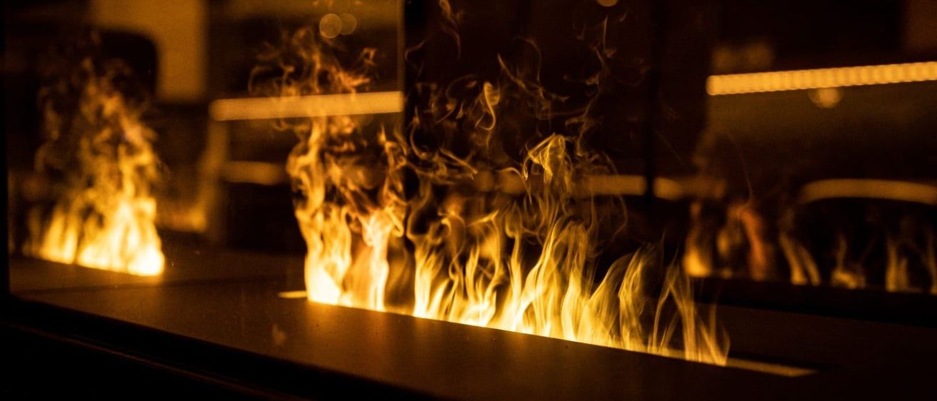 Eine Nahaufnahme eines modernen Kamins mit Flammen und Rauch, der aus dem Feuerraum aufsteigt. Die Flammen sind orange und gelb und werfen ein warmes Licht.