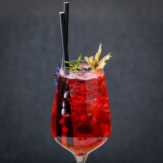 Ein roter Cocktail mit Rosmarin und Blaubeeren garniert in einem Weinglas mit zwei schwarzen Strohhalmen vor schwarzem Hintergrund.