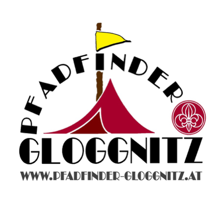 Das Logo für Pfadfinder Gloggnitz zeigt ein Zelt, eine gelbe Flagge und ein rotes Emblem mit einem Blumendesign. Die Website ist www.pfadfinder-gloggnitz.at.