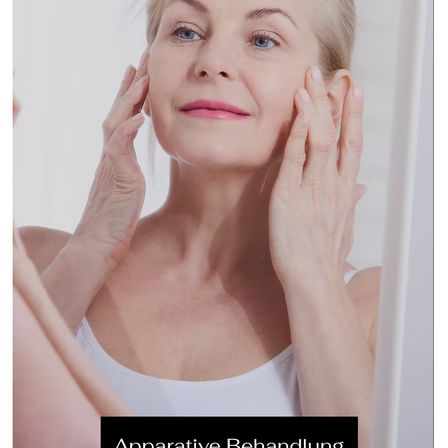Eine Frau in einem weißen Tanktop schaut in einen Spiegel und berührt ihre Wangen und Stirn. Das Bild hat einen schwarzen Rand und der Text 'Apparative Behandlung' befindet sich unten.