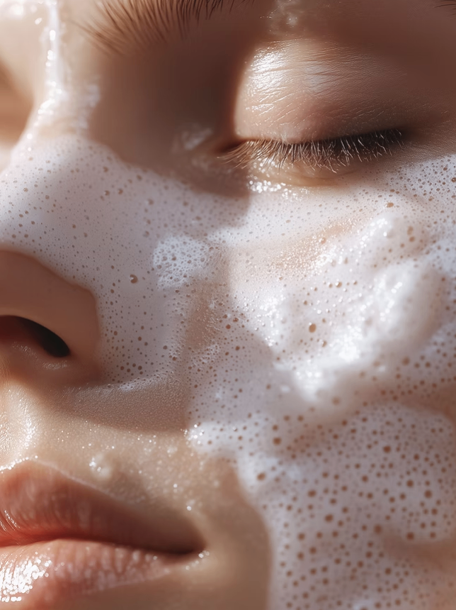 A close-up of a woman's face with foam on her cheeks and around her eyes, showing a serene expression.