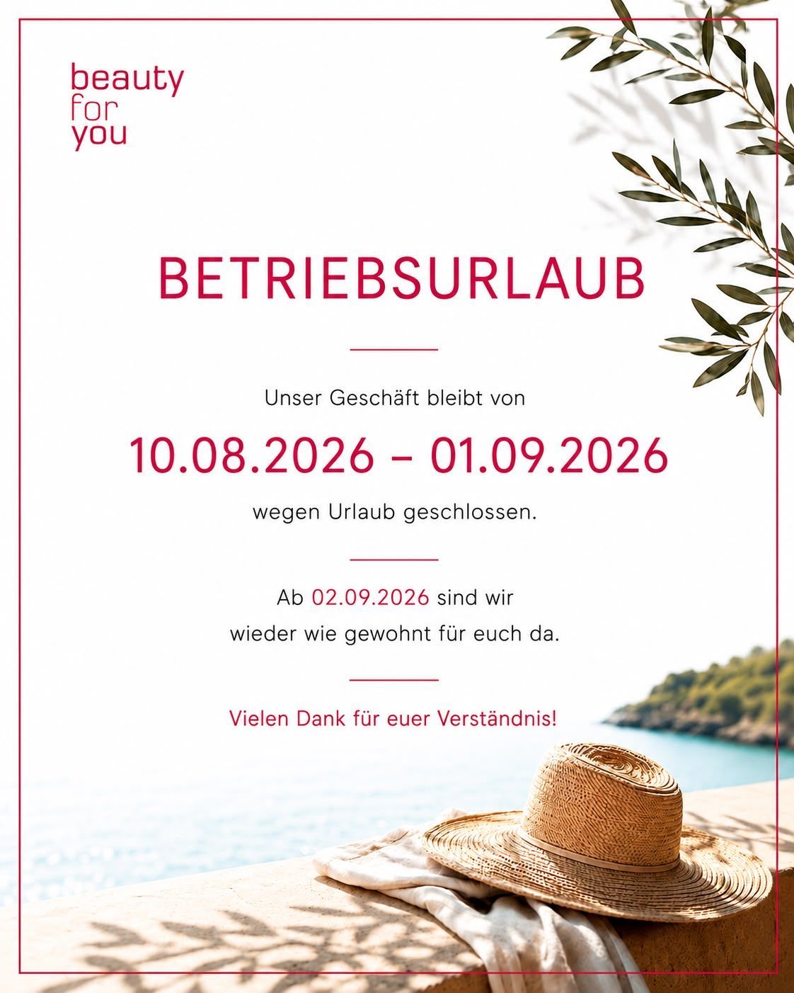 Ein Hinweis, dass ein Unternehmen vom 10.08.2026 bis 01.09.2026 wegen Urlaub geschlossen ist, mit einem Strohhut und einem landschaftlichen Hintergrund.