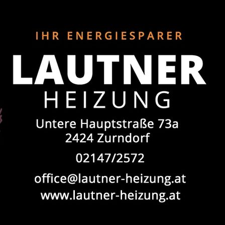 Schwarzer Hintergrund mit einem runden Logo, das eine orange Sonne zeigt. Darunter steht 'IHR ENERGIESPARER LAUTNER HEIZUNG'. Es folgen Adressdetails, einschließlich Telefonnummer und E-Mail-Adresse.
