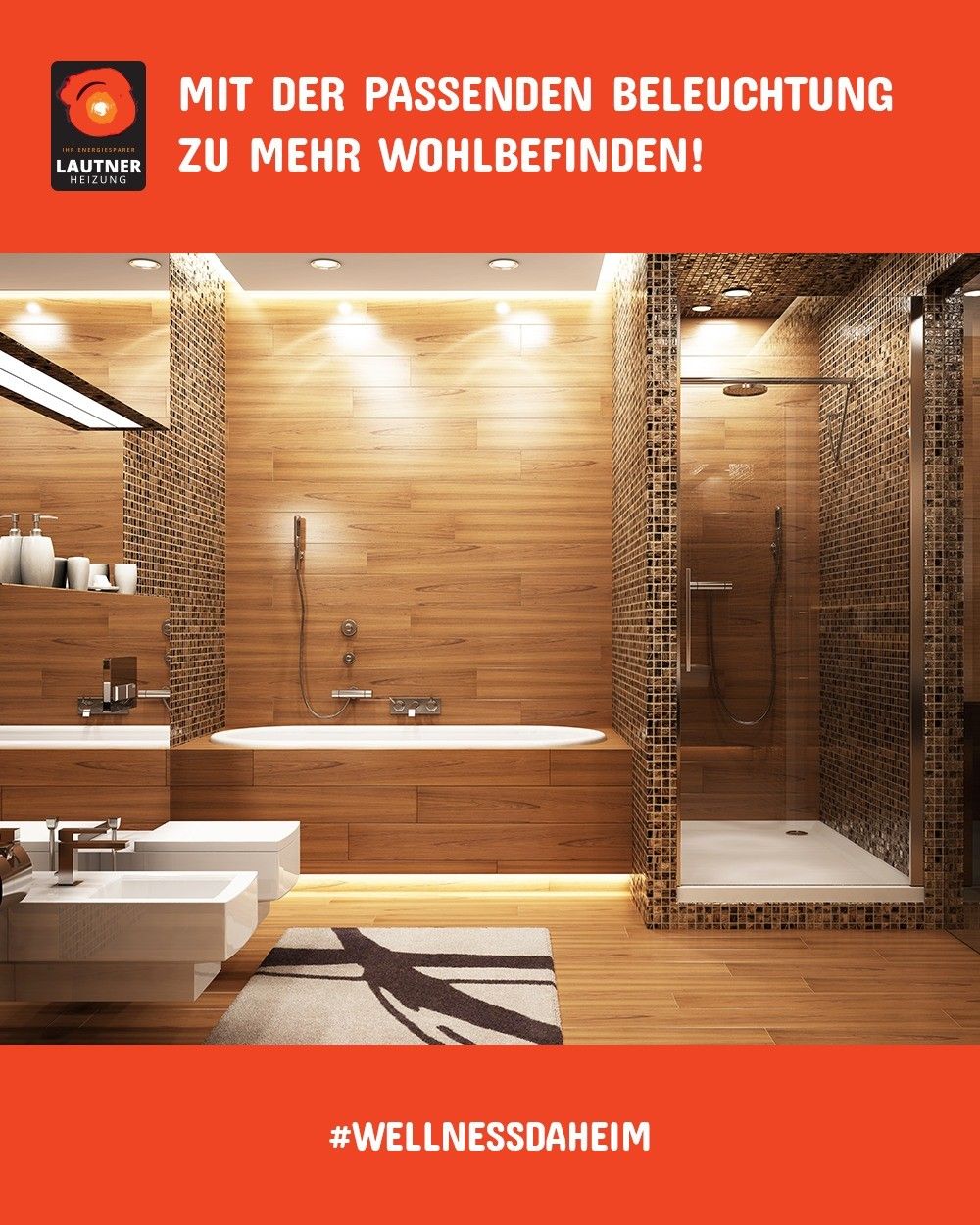Ein modernes Badezimmer mit Holzwänden, einer Badewanne, einer Dusche und zwei Waschbecken. Ein Teppich liegt auf dem Boden.
