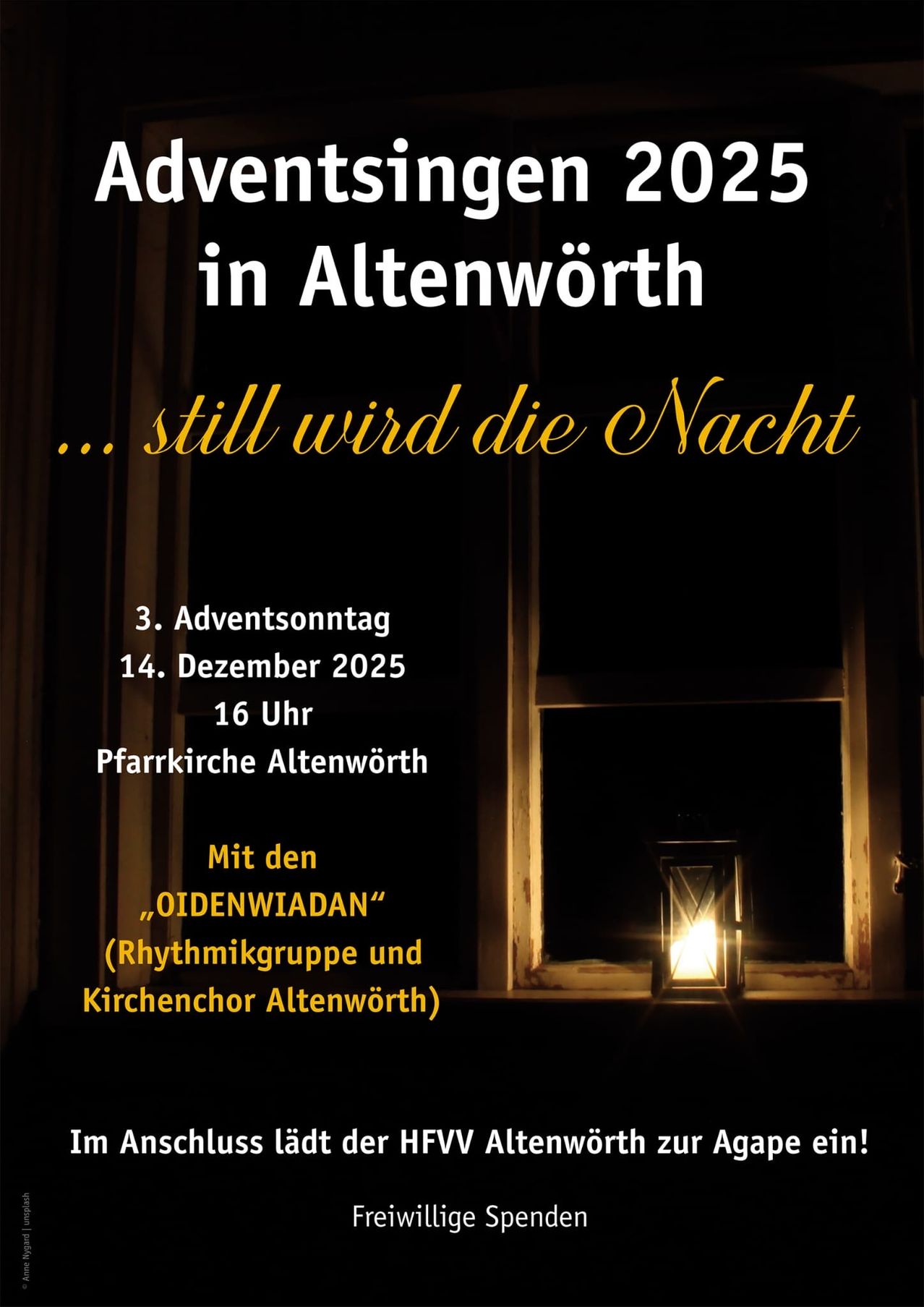 Plakat für den 3. Adventssonntag in Altenworth am 14. Dezember 2025 um 16 Uhr. Mit Laternenbild und Text '... still wird die Nacht'. Veranstaltung in der Pfarrkirche Altenworth mit 'OIDENWIADAN'.