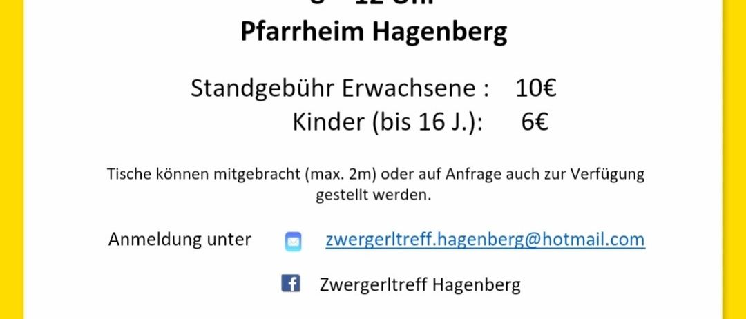 Flohmarkt für Kindersachen und Spielzeug am 18. Oktober 2025 von 8 bis 12 Uhr im Pfarrheim Hagenberg. Eintritt: 10€ für Erwachsene, 6€ für Kinder bis 16 Jahre. Tische können mitgebracht oder angefragt werden. Anmeldung endet am 5. Oktober 2025.