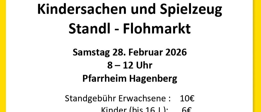 Ein Werbeplakat für einen Stand auf einem Flohmarkt mit Kindertaschen und Spielzeug, am Samstag, den 28. Februar 2026, von 8 bis 12 Uhr. Der Eintritt beträgt 10 Euro für Erwachsene und 6 Euro für Kinder bis 16 Jahre. Erfrischungen sind verfügbar.