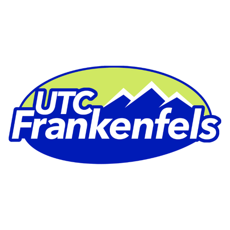 Das UTC Frankenfels Logo zeigt eine stilisierte Bergkette in Blau und Grün, mit 'UTC' in fettem Weiß darüber und 'Frankenfels' in großen weißen Buchstaben darunter. Das Logo ist in einem blauen Oval auf weißem Hintergrund platziert.