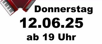 Plakat für eine Sing-, Sitz- und Reinigungsveranstaltung am Donnerstag, 12. Juni 2025, ab 19 Uhr. Zeigt ein Akkordeon und Text auf Deutsch. Die Veranstaltung wird von einem Verein ausgerichtet.