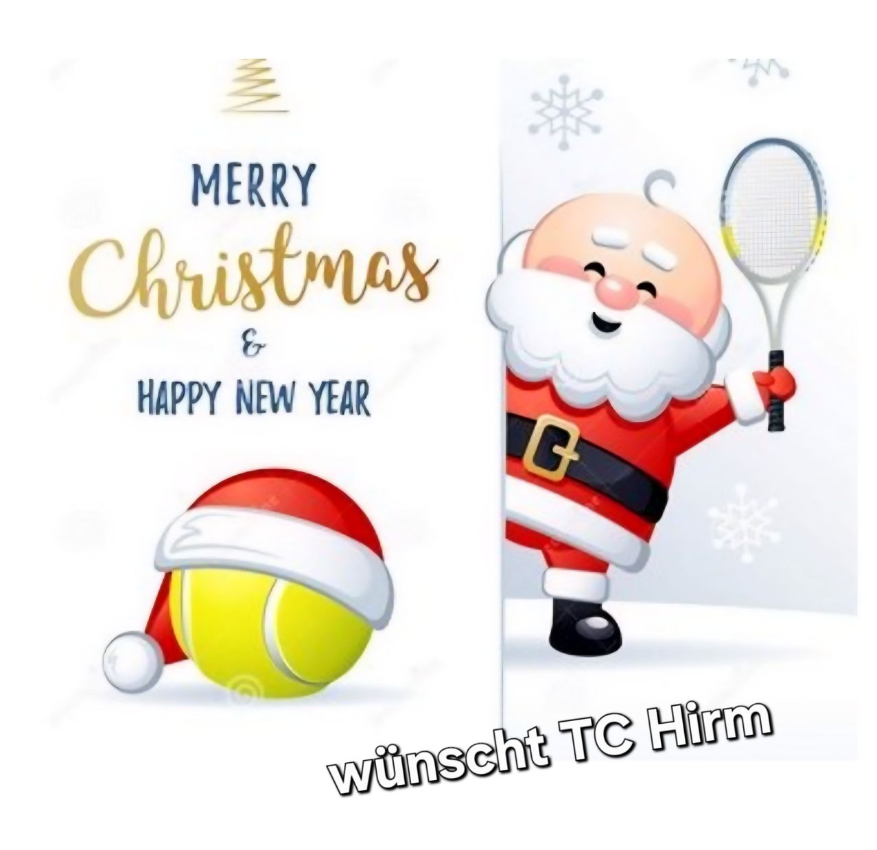 Eine Illustration von Santa Claus, der einen Tennisschläger mit einem Tennisball hält, der einen Weihnachtshut trägt, zusammen mit einem Gruß 'Frohe Weihnachten & Guten Rutsch ins Neue Jahr'.