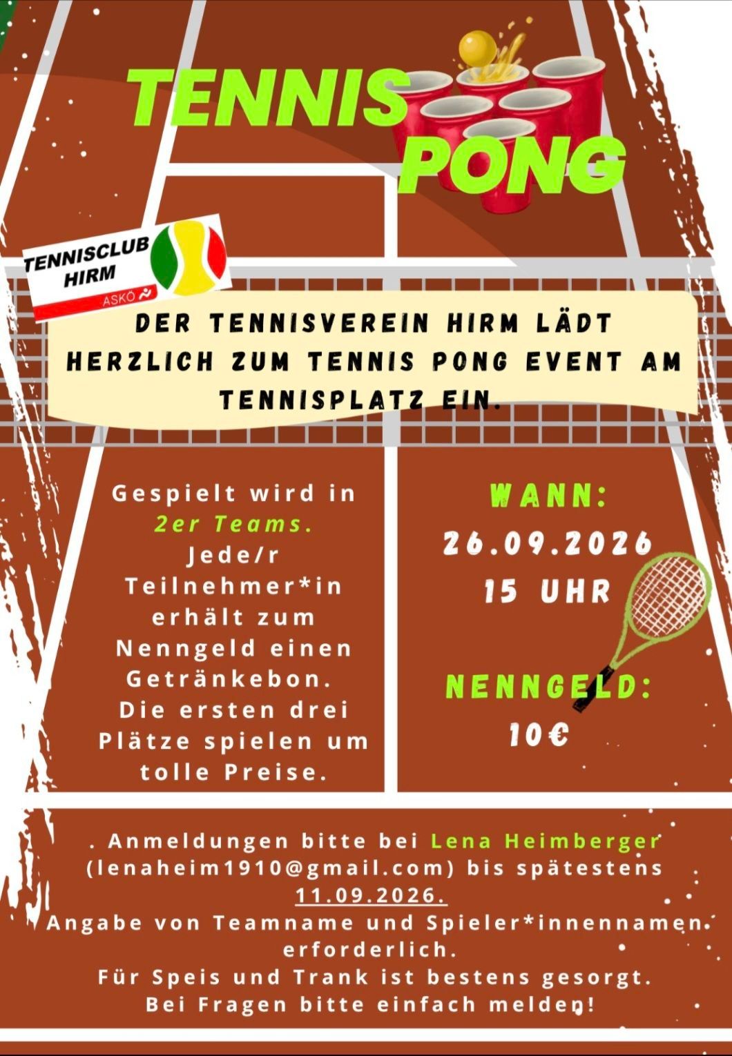 Poster for a tennis pong event at Tennis Club Hirm. Teams of two play, and the first three teams receive drink vouchers. Entry fee is 10 euros. Date: September 26, 2026, at 15:00.