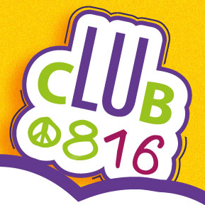 Ein farbenfrohes Logo für einen Club mit der Nummer 816 in der Mitte, umgeben von einem Friedenssymbol und dem Wort 'Club' in verschiedenen Farben.