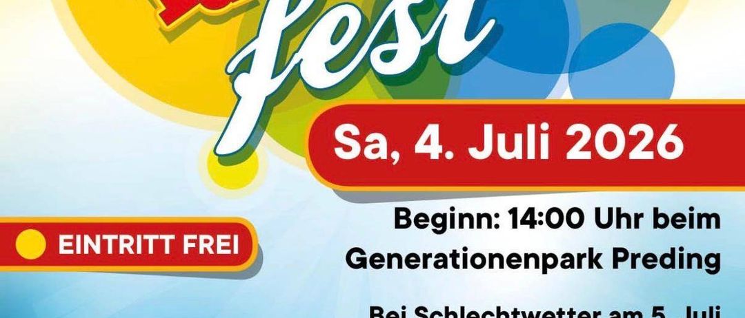 Snow & Family Fest, Eintritt frei am 4. Juli 2026 um 14:00 Uhr im Generationenpark Preding. Clown Chacco, Hüpfburg und Kinderschminken. Bei schlechtem Wetter am 5. Juli.