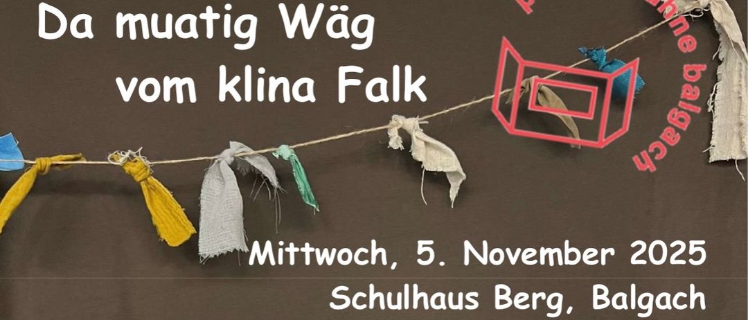 Plakat für eine Aufführung von 'Klina Falk' am 5. November 2025 im Schulhaus Berg, Balgach. Zeigt eine Puppe mit einem indianischen Kopfschmuck, die auf einem Ast sitzt, mit Aufführungszeiten um 14.00 Uhr und 15.30 Uhr. Der Eintritt kostet CHF 4.00.