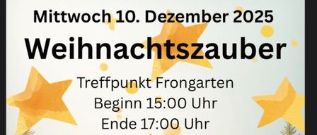 Plakat für eine Weihnachtsveranstaltung 'Weihnachtszauber', Beginn um 15:00 Uhr und Ende um 17:00 Uhr. Standort Frongarten, mit einer Gebühr von 8 Fr., begrenzte Teilnehmerzahl und alte Kleidung erforderlich. Kontakt celinejenny89@gmail.com für die Anmeldung.