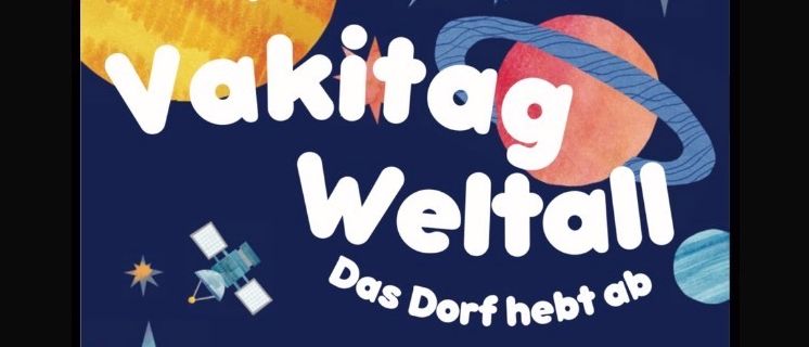 Poster for a space event on June 20, 2020. It features a rocket, planets, and a star. The event includes a gathering at Sporthalle Riet, with departure at 10:00 AM and landing at 2:00 PM. Free entry for kindergarten children. Registration closes June 12, 2020.