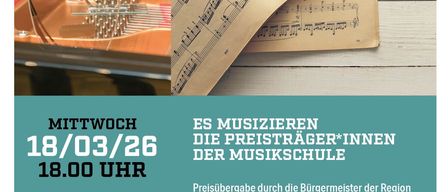 Ein Plakat kündigt ein Konzert von Schülermusikern am 18. März 2026 um 18 Uhr im Haus der Musik Grafenworth an. Das Plakat zeigt Noten und ein Bild eines Klaviers.