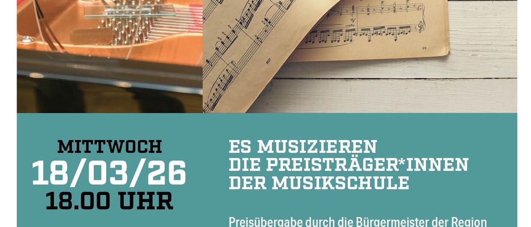 Ein Plakat kündigt ein Konzert von Schülermusikern am 18. März 2026 um 18 Uhr im Haus der Musik Grafenworth an. Das Plakat zeigt Noten und ein Bild eines Klaviers.