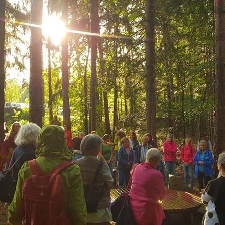 Eine Gruppe von Menschen in Jacken und mit Rucksäcken versammelt sich in einem Wald, wobei Sonnenlicht durch die Bäume filtert.