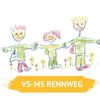 Illustration von drei lächelnden Kindern, die sich an den Händen halten, in einem Blumenfeld. Der Text 'VS-MS Rennweg' befindet sich unten.