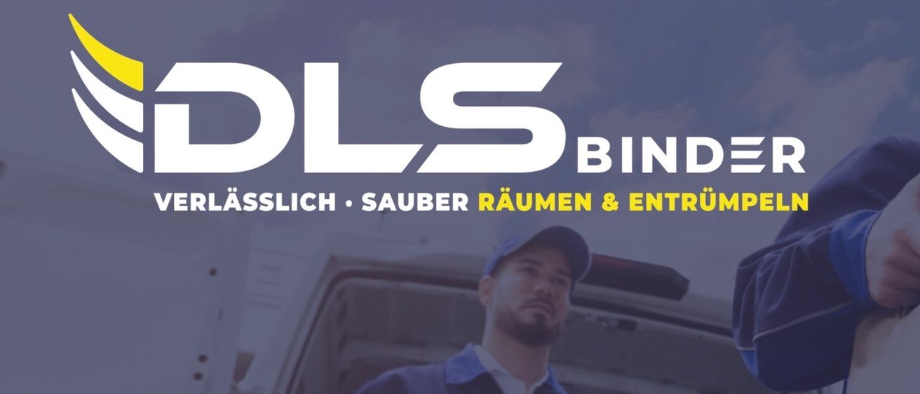 Das Logo von OLS Bins ist auf einem blauen Hintergrund zu sehen, mit einem Mann in blauer Uniform und Mütze neben einem weißen Fahrzeug. Der Text betont saubere und ordentliche Räume.