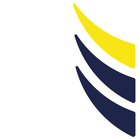 Ein Logo mit drei blauen und einem gelben dreieckigen Symbol auf schwarzem Hintergrund.