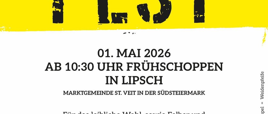 Eine Werbung für die Veranstaltung der Dorfgemeinschaft Lipsch am 1. Mai 2026, beginnend um 10:30 Uhr am Südmarktplatz in Lipsch. Es ist eine Feier mit Essen und Spaß, die alle einlädt.