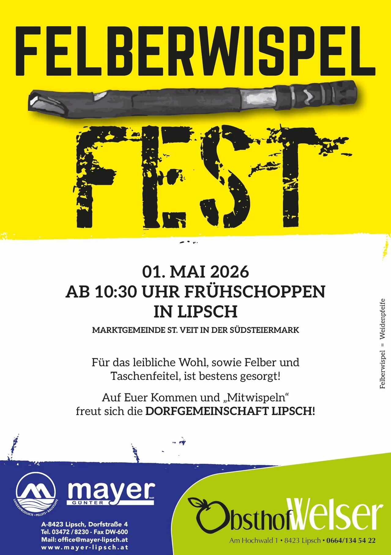 Ein Plakat bewirbt ein Fest in Lipsch. Datum: 1. Mai 2026. Zeit: 10:30 Uhr. Ort: Marktgemeinde St. Veit in Südsteiermark. Die Dorfgemeinschaft Lipsch freut sich auf Ihren Besuch.